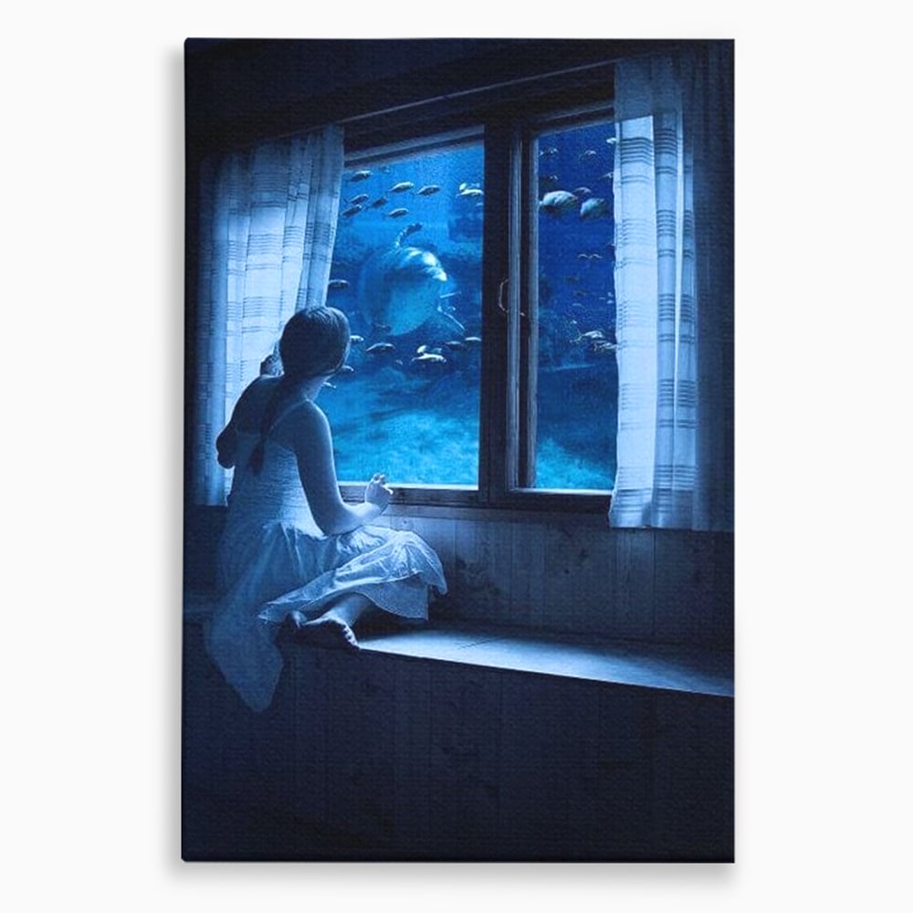 Tablou canvas cu tablou canvas cu fata privind in acvariu, fara rama, pe sasiu de lemn